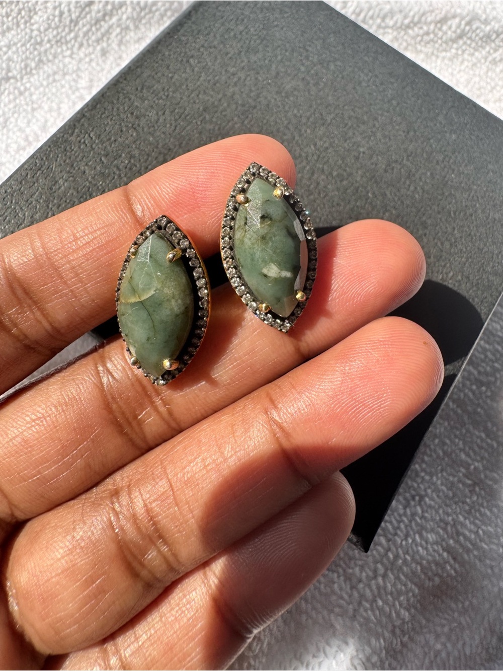 Green Marquise Stone Stud Earrings with Pavé Halo